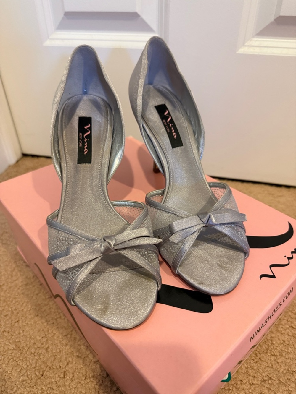 Nina Silver D'Orsay Open-Toe Heels with Bow Accent